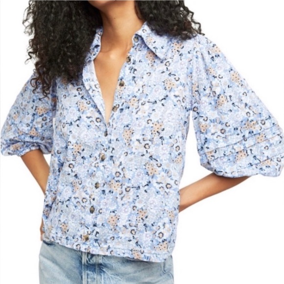 Free People Tops - Free People Floral Blue Button-Up Women's Top XS
